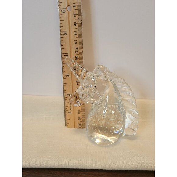 Handcrafted Clear Glass Unicorn Figurine Paperweight Controlled Bubbles 4" Tall - Picture 5 of 7